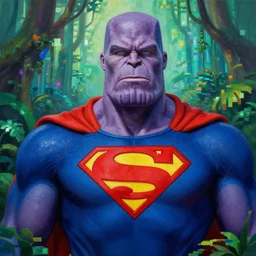 beautiful lifelike painting of thanos as superman on safari in the glass jungle of planet krypton, hyperreal detailed facial features and uv lighting, retro pixel bitmap art by ed roth and basil wolverton