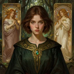 symmetry portrait of welsh brunette witch student in mans tunic, tomboy, short hair, forest, magic, intricate, elegant, highly detailed, digital painting, artstation, concept art, smooth, sharp focus, illustration, art by artgerm and greg rutkowski and fra angelico and alphons mucha