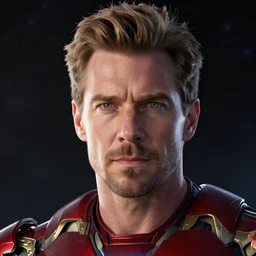 Sam Hyde as Iron Man in Infinity War, close-up, sigma male, rule of thirds, award winning photo, unreal engine, studio lighting, highly detailed features, interstellar space setting