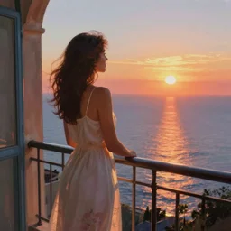 woman enjoying the view of the sea from her balcony, mediterranean setting, sunrise light, romantic idyllic atmosphere, vibrant colors, cinematic feelings, very detailed, digital painting