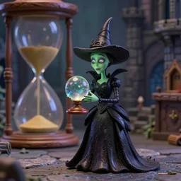 a Tim Burton style claymation figurine of “Wicked Witch of the West” in “The Wizard of Oz”, angular skinny body with black dress and pointed black hat, background of stone castle interior with large hourglass, witch is looking into a crystal ball, 4K, UHD, detailed render, Dramatic lighting, short depth of field