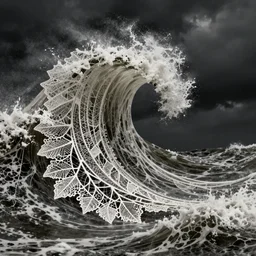 a massive tidal wave, made of intricate decorative lace leaf skeleton, in the style of the dutch masters and gregory crewdson, dark and moody