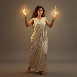 middle eastern woman in long draping sleeveless dress wearing bracelets, anklets, and sandals, mystical energy at her fingertips, fantasy book illustration