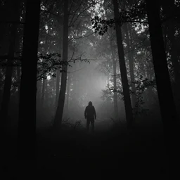 A dark and foggy forest at night, a scary creature watching in the distance, black and white, 16mm, cinematic