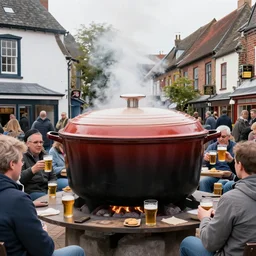 a huge dutch oven in the town. the dutch oven has people drinking beer in front of it