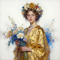 a gold mucha oil painting hyperrealism of a beautiful woman on a white background, flowers, in a gold robe, floral headdress, 8 k resolution, octane render, trending on artstation, by gediminas pranckevicius, volumetric light 2 blue fractal thunder glow by dan mumford, anaglyph effect, laurie lipton