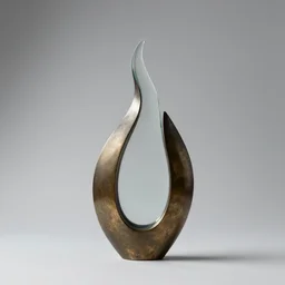 minimalist abstract bronze and glass sculpture of a flame