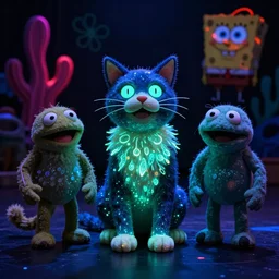 a cat of bioluminescent aquatic themed puppets aimed to bring awareness to ocean pollution, in the style of muppets, black light, lighting from spongebob the musical on broadway, neon, real, photograph, cinematic