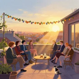 people chilling on the rooftop terrace, beautiful view, golden hour, garland, ray of light, cat. digital drawing by wes anderson, jean pierre jeunet, tim burton, tomm moore, howard arkley, karl gerstner. hyper detailed.