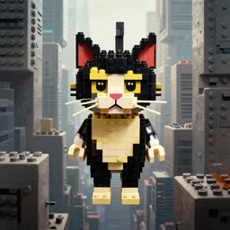 portrait of a cat in the movie fear and loathing in las vegas, made out of lego bricks floating above a concrete jungle, surreal, digital painting, centered, cinematic lighting, vertical symmetry, trending, artstation
