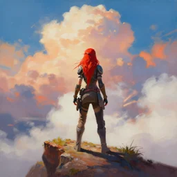 painting of aloy from horizon zero dawn standing on a cliff with massive clouds in the distance, long loose red hair, view from behind, intense colors, visible paint, by loish, by wlop