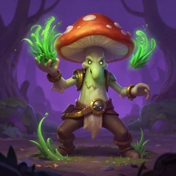 league of legends splash art illustration portrait of a champion that is a mushroom humanoid that makes people hallucinate through grass, standing in an action pose, on a purple forest floor, digital art, artstation, art by chengwei pan