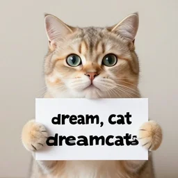 realistic high quality photo of a cute cat holding a sign with text that reads : dream, cat, cas, cats cat dreamcats, cast