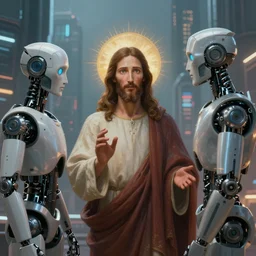 portrait of jesus talking to a robot in a futuristic city in the year 2 7 5 4, highly detailed, digital painting, artstation, 8 k
