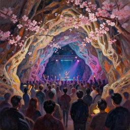 cherry blossom limestone cavern night club. heavily stylized, oil painting by indie cartoonist. backlighting, chiaroscuro, intricate details, field of depth.