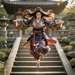 gorgeous japanese warrior princess jumping from stairs in an ancient fantasy garden, long hair, beautiful intricately decorated clothing, natural pose, focus on face, golden hour, shallow depth of field, fantasy matte painting, rule of thirds, karole bak, mohrbacher, hasui kawase, noriyoshi ohrai