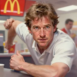 harrison ford working in mcdonalds, intricate, fictional character, dynamic pose, dramatic lighting, realistic shaded lighting, pastel shades, expressively loose brush strokes, perfect face, 8 k realistic, hyper detailed, digital painting, artstation, concept art, hyper detailed eyes, art by sam spratt and peter mohrbacher and james jean
