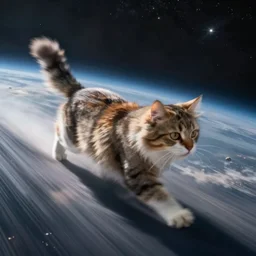 photo of a fast blurry cat with motion blur, moving at the speed of light through outer space