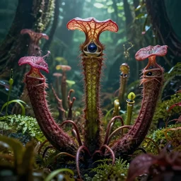 terrifying carnivorous plants looking at the camera, hyperrealistic