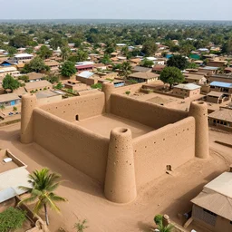 High-quality aerial photography of an old West African castle made of mud bricks in the middle of a walled village, National Geographic