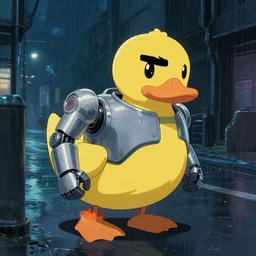 robocop duck, cyberpunk street, late night, raytracing, rain, moody, interesting angle, parody, caricature, biomechanical, smooth, studio ghibli