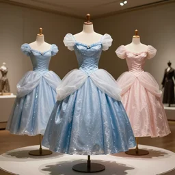 the film still photographed image is a fantasy vintage summer day dress ensemble from the 1 9 6 0 s. the ensemble is inspired by cinderella. it is displayed on a mannequin in a royal museum exhibit.