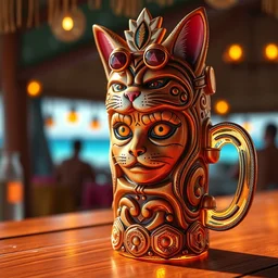 a closeup photorealistic photograph of a cat woman style trader vic's tiki mug with her face on it at the beach bar. bright scene. shield. fine detail. this 4 k hd image is trending on artstation, featured on behance, well - rendered, extra crisp, features intricate detail, epic composition and the style of unreal engine.