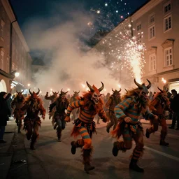 kodak portra 4 0 0, 5 0 0 mm tele lens, f 1. 2, long exposure time, award winning dynamic vivid atmospheric photograph of hundreds running chasing jumping hazardous horde of krampus, by britt marling, in muted colours, striped orange and teal, motion blur, on a street in salzburg at night with colourful exploding pyro firework and torches, fog