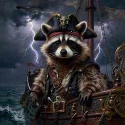 portrait of a racoon dressed as a pirate captain on a big ship, dark storming sea and thunderstorm with lightning in the background, dark clouds, dramatic oil painting by alexander roslin, 4k, concept art highly detailed, trending on artstation, fantasy matte painting