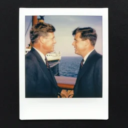 polaroid photo president kennedy at his side the captan smith, in the deck of the titanic looking the sea, august 1968, color photo, award winning