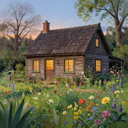 a cottage house with garden permaculture, perfect spring day with, colorful wildflowers, painting by albert bierstadt and studio ghibli, twilight lighting