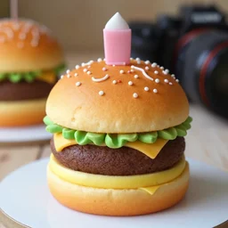 cake, decorated hamburger cake, tasty, youtube, photography, 8 k, canon, photo, sweet, food blog, foodie, hostess, little debbie, intricate details, food, instagram, sharp focus, depth of field, flickr, bokeh, daniel krieger, sony, food photography macro - s 5 0 c 7. 8