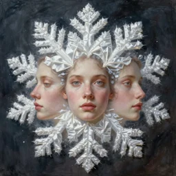 surreal silk snowflakes with human faces in the middle surrealism photography
