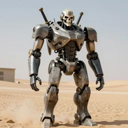 combat android, skeletal face, swords for arms, military prototype, photography, desert, killer robot, robot soldier