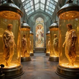 octane render, ultra photorealistic, hyper detailed, unreal engine, aisles of amber liquid hyperbaric chambers preserving human bodies, breathtaking sci - fi gothic victorian greenhouse terrarium artwork by james cameron, greg rutkowski, alphonse mucha, james gurney inspired by blade runner 2 0 4 9