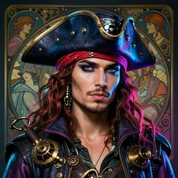 a head and shoulders portrait of a space pirate, neon, retro, steampunk, smooth, sharp focus, intricate, artstation, detailed concept art by Caravaggio and Greg rutkowski and Sachin Teng and Thomas Kindkade and Alphonse Mucha and Norman Rockwell and Tom Bagshaw