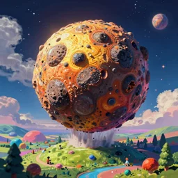 gigantic meteorite crashes into magic world planet, bright colors, fantastic landscape, hyperrealism, no blur, 4 k resolution, ultra detailed, style of anton fadeev, ivan shishkin, john berkey
