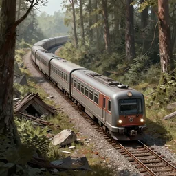 derailed train in a forest ruin, concept art, trending on artstation, wlop, ross draws, digital painting, mixed media, intricate details,