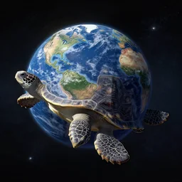 flat earth on the back of a colossal turtle in space, realistic, matte painting, unreal engine, 8k, wide angle, f12, anders zorn, thomas kincade, trending on artstation