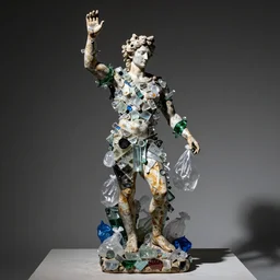 “Dionysus statue made of pieces of glass and plastic bags, detailed but rough, 4k photo, great light and shadows, Sony 175mm”