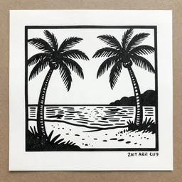 a beautiful linocut print on paper of a beach with coconut palms 8 k, frostbite 3 engine, cryengine, dof, trending on artstation, digital art, crepuscular ray