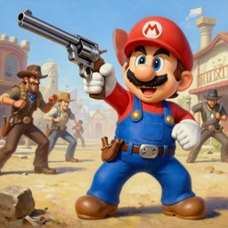 waluigi from the mario series dressed as a cowboy holding a big iron revolver fighting outlaws in a town, cinematic still frame oil painting, high detailed painting, greatly illustrated, photo - realistic painting )