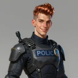 portrait of a man by greg rutkowski, he is about 3 0 years old, mixture between german and turkish, copper quiff hair, uncanny smile, very tall and slender, he is wearing a futuristic police gear, highly detailed portrait, digital painting, artstation, concept art, smooth, sharp foccus ilustration, artstation hq