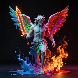 a punk angel rebelling from god wielding a fiery sword, wet paint, dripping paint, splatter paint, spray paint, puffy paint, inverted colors, neon, electric colors, tones of black in background, high contrast, 3 - dimensional, 3 d, fire, burn, in a symbolic and meaningful style