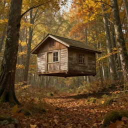 hut floating in midair, hovering above the forest floor in autumn, fantasy matte painting