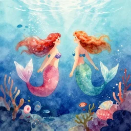 watercolor wall painting of underwater mermaids