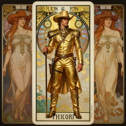 a dramatic ethereal epic symmetrical painting of a handsome cowboy in a gold outfit | tarot card, art deco, art nouveau,  (steampunk), homoerotic, realistic | by Mark Maggiori, by Alphonse Mucha, (((by Greg Rutkoswski))),  | trending on artstation