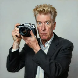 phil hale painting of david lynch holding a camera looking stupid