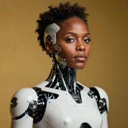 a beautiful intricate fine art portrait of lupita nyong'o as a humanoid with cybernetic implants, half face painted with face paint, white mechanical industrial robot torso, cybernetic scifi, cyborg, studio lighting, golden ratio composition, deep depth of field, 3 5 mm lens, behance, 8 k, by natalie shau and artgerm, masterpiece!