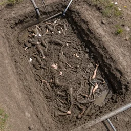 an aerial view of a mass grave in slimy mud with tangled bodies and pipes